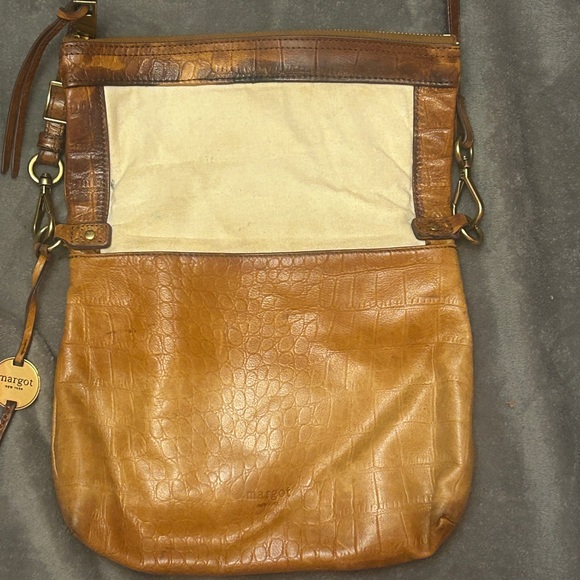 MARGOT New York Cognac Croc Embossed Leather Foldover Crossbody Bag Boho - Picture 10 of 13